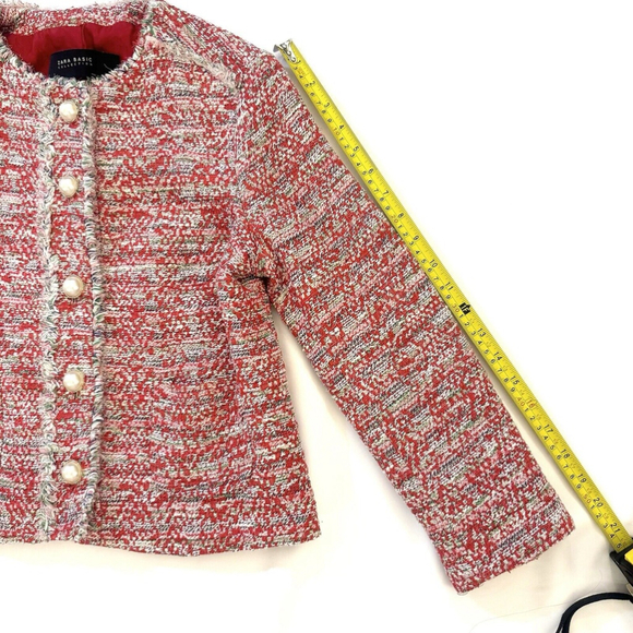 Zara Woman Red Pink Tweed Boucle Jacket Blazer M Pearl Button Frayed Blogger - Picture 4 of 16